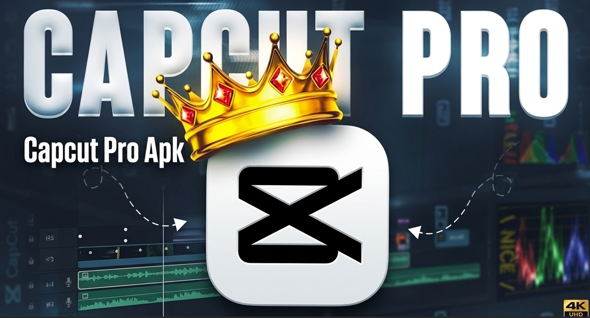 Capcut Pro Apk CapCut Pro APK logo icon with golden crown on video editing workspace timeline