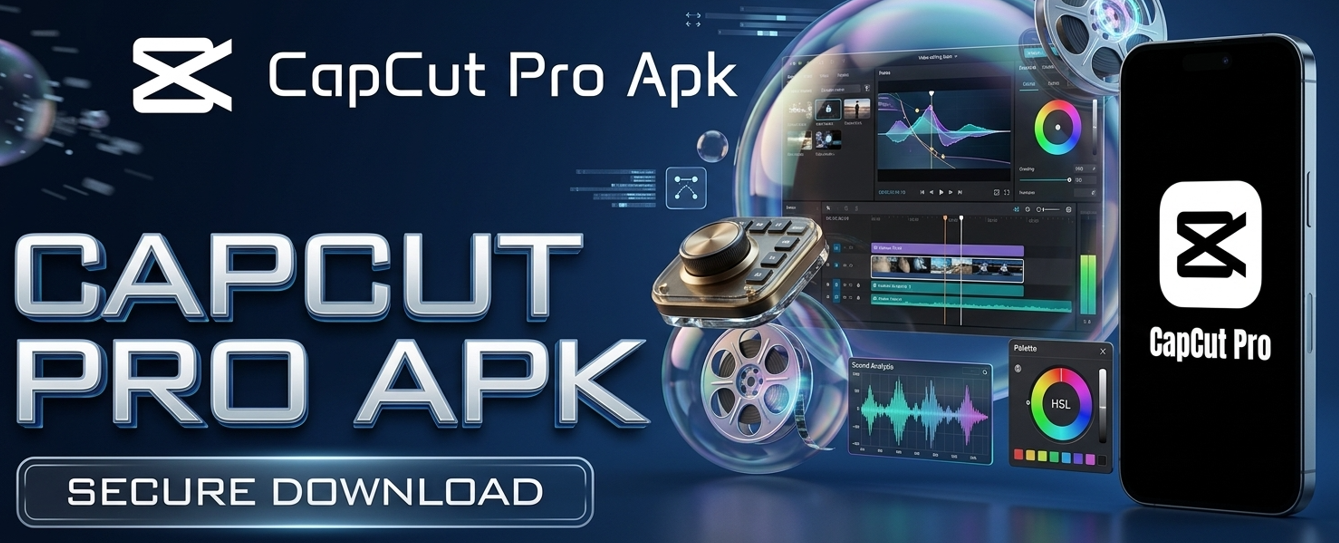 Capcut Pro Apk CapCut Pro APK secure download banner showing smartphone video editor interface and HSL color wheel