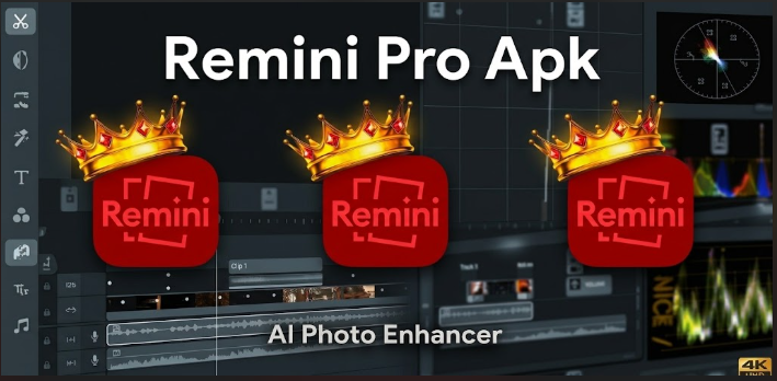 Remini Pro Apk Remini Pro APK AI Photo Enhancer banner with three app icons with golden crowns