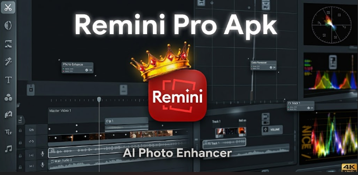 Remini Pro Apk Remini Pro APK AI Photo Enhancer app logo icon with golden crown on editing workspace