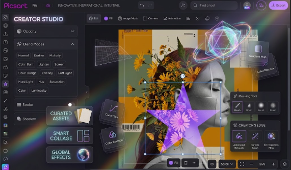 Picsart Pro Apk Picsart Creator Studio interface showing photo editing tools, blend modes, and creative masking