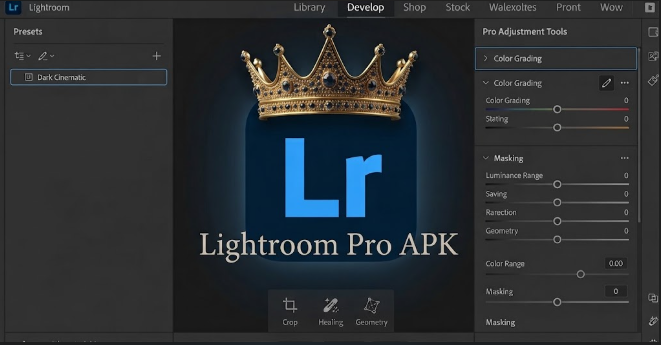 Light Room Pro APK Adobe Lightroom Pro APK icon with golden crown inside desktop editing workspace panel