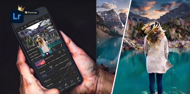 Light Room Pro APK Hands holding smartphone using Adobe Lightroom app for photo editing with scenic mountain lake background