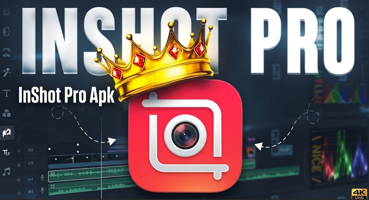 Inshot pro apks InShot Pro APK logo icon with golden crown on video editing workspace timeline